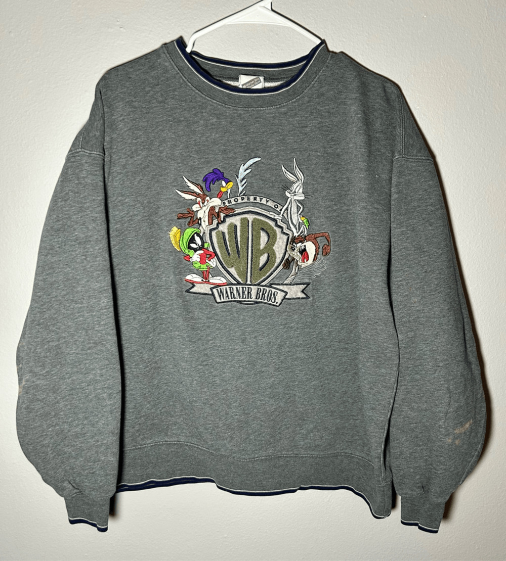 Vintage Warner Bros Y2K Gray Crewneck Sweatshirt Bugs Taz Marvin Wile E Sz XL